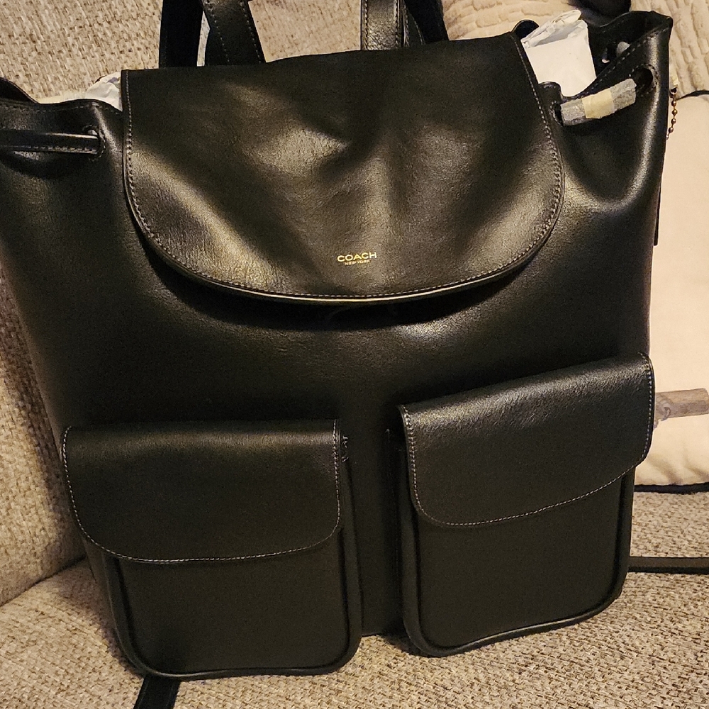 Coach Black Leather Backpack with Dual Pockets